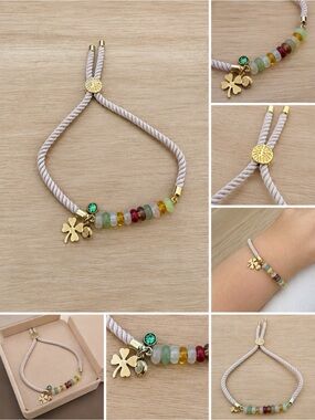 Gold Clover Charm Multicolor Bead Bracelet with Cream Cord